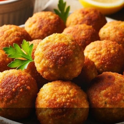 L'immagine mostra delle polpette dorate a base di lenticchie, impanate e cotte in una friggitrice ad aria. Le polpette sono disposte ordinatamente su un piatto di ceramica bianca, accompagnate da una piccola ciotola di salsa di pomodoro fresca e vivace sul lato. Lo sfondo è un tavolo da cucina in legno rustico, conferendo all'immagine un'atmosfera calda e casalinga. Guarnizioni come prezzemolo fresco e una fetta di limone aggiungono un tocco di colore alla composizione.