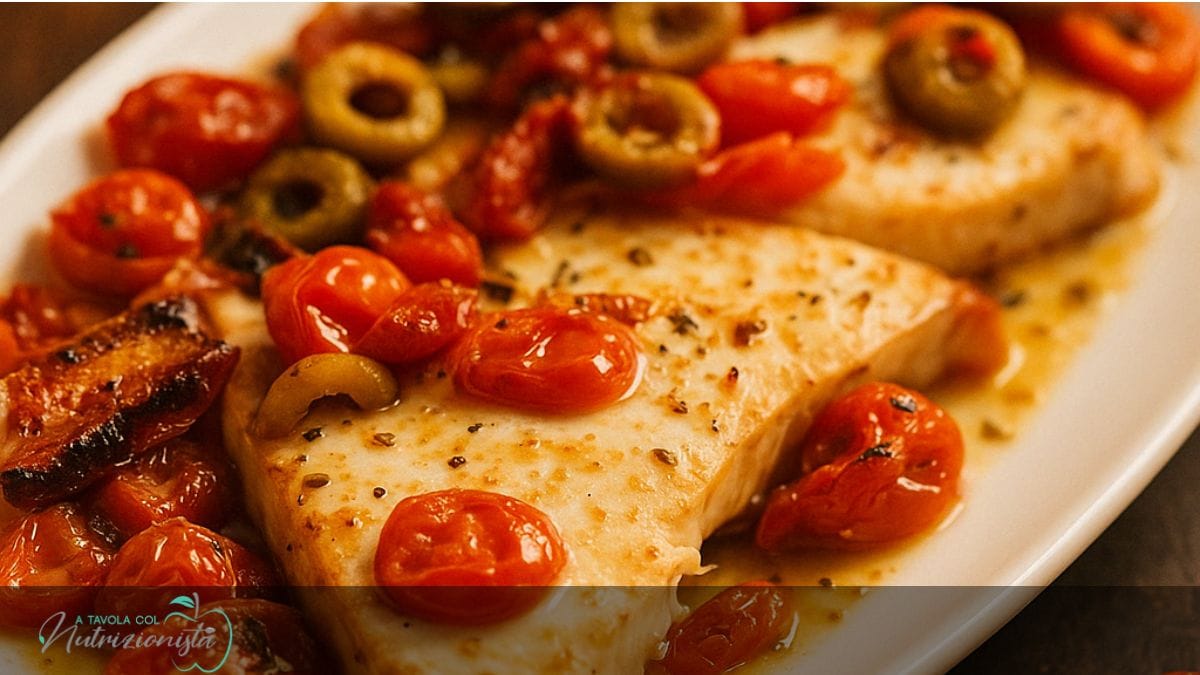 Pesce spada con pomodorini e olive