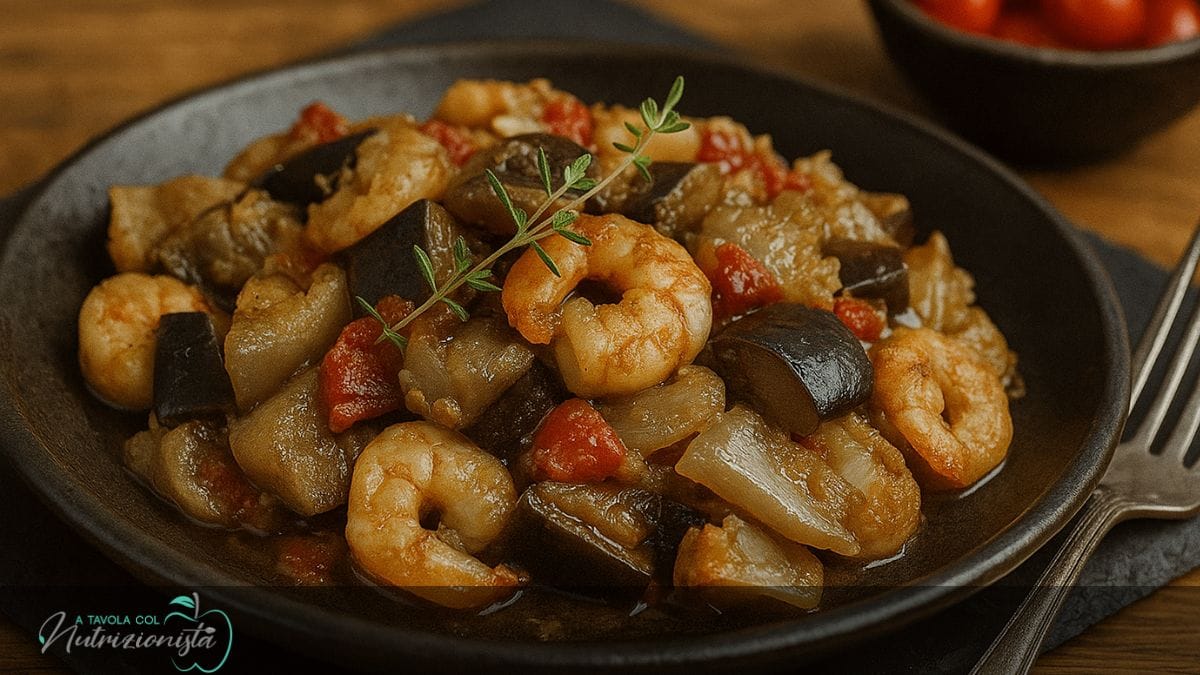 Gamberi melanzane, pomodorini e cipolla