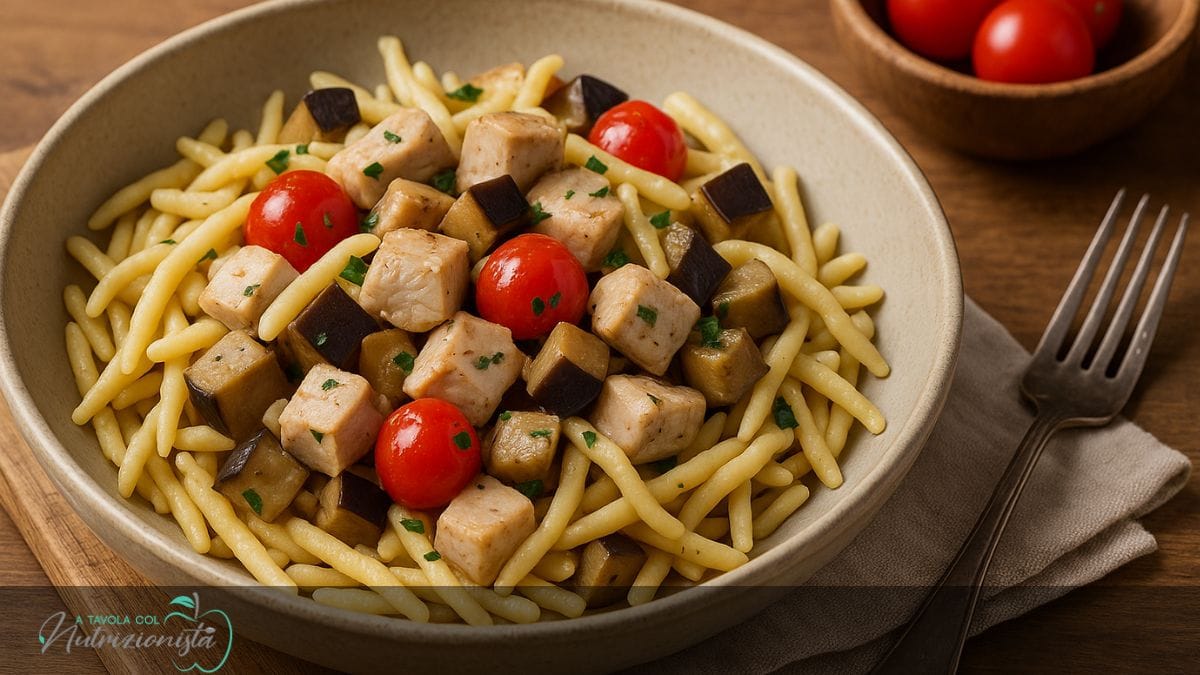 Pasta fresca pesce spada melanzane pomodorini