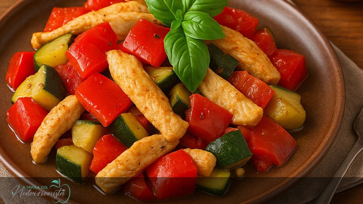 Straccetti di petto di pollo zucchine, peperoni e pomodori