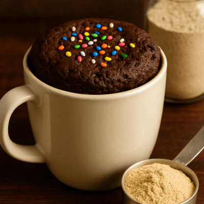 Mug cake proteico al cacao decorato con confettini colorati