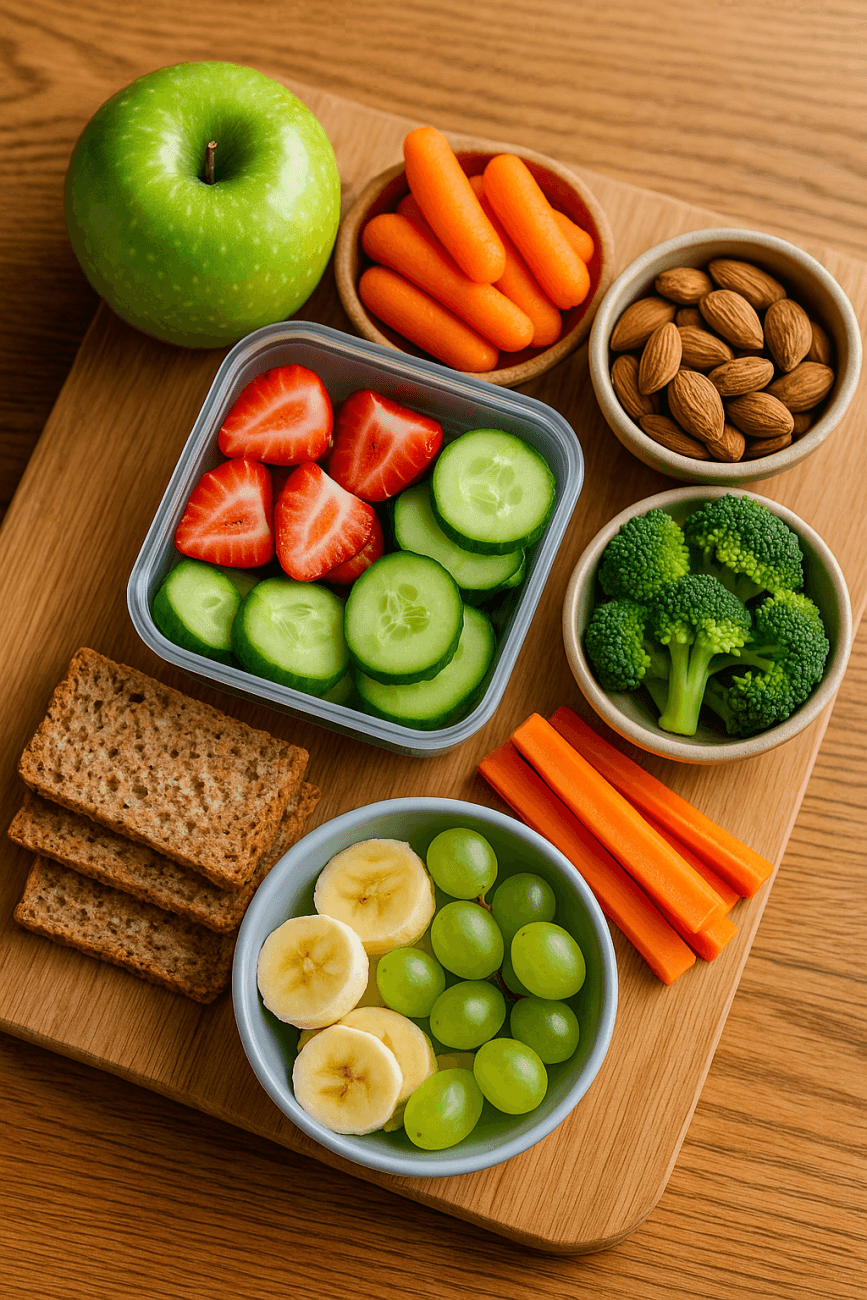 Vassoio di merenda sana con frutta fresca, verdure, frutta secca e pane integrale