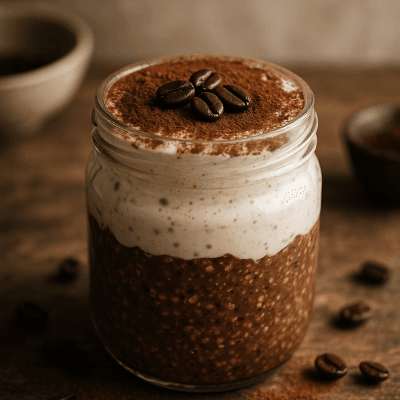 Vaso di tiramisù overnight oats fit con cacao e chicchi di caffè