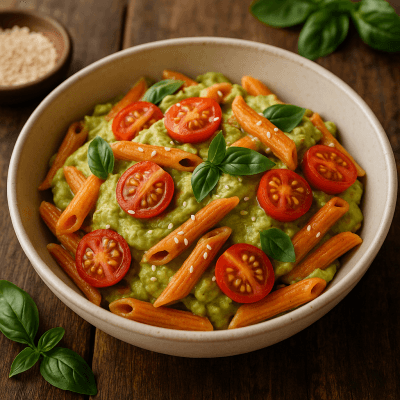 Pasta di lenticchie con pesto di avocado e pomodorini su tavola rustica