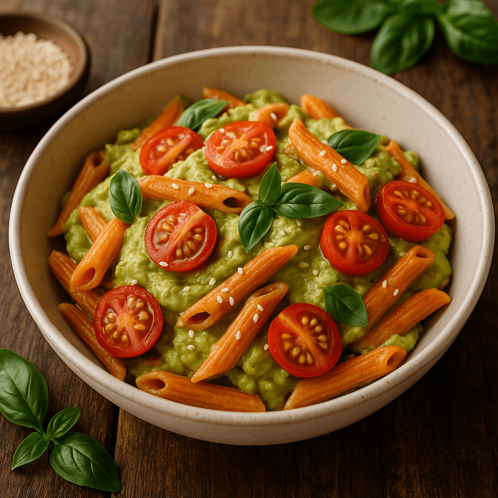 Pasta di lenticchie al pesto di avocado e pomodorini: primo fit cremoso e proteico