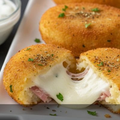 Polpette di patate ripiene di prosciutto e mozzarella filante