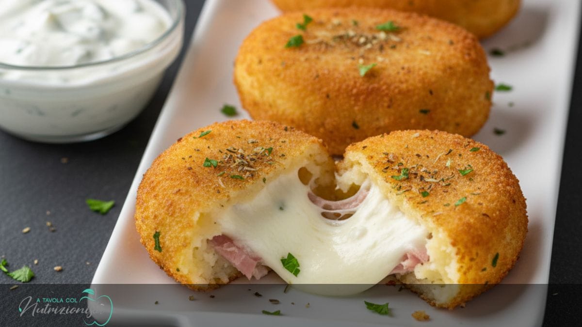 Polpette di patate ripiene di prosciutto e mozzarella filante