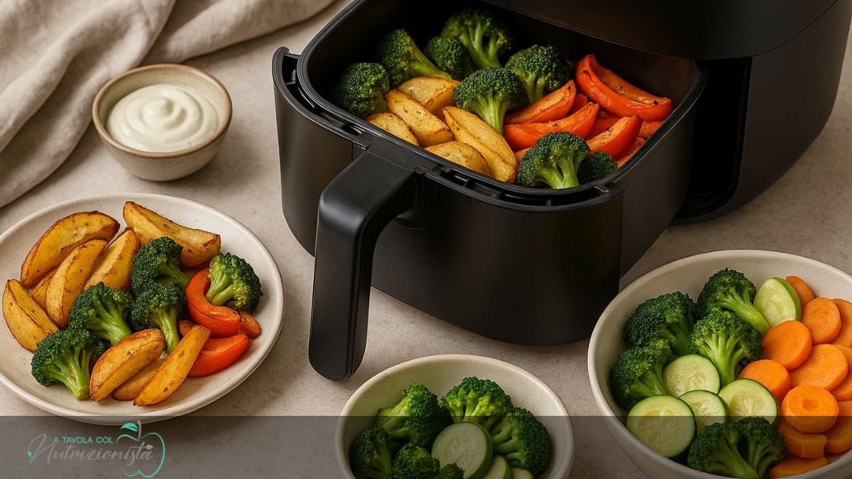 Friggitrice ad aria con verdure e patate croccanti, versione leggera e salutare per la dieta