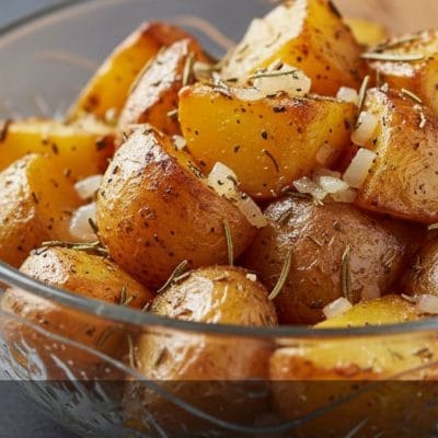 Patate e cipolle al forno dorate e croccanti in una teglia con rosmarino. Contorno sano e light.
