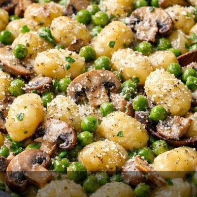 Gnocchi cremosi con piselli e funghi in padella – ricetta leggera e veloce