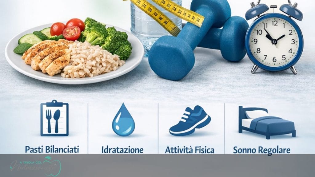 Immagine sulla ripresa della dieta dopo le feste con cibo sano, acqua, manubri e sveglia – a tavola col nutrizionista