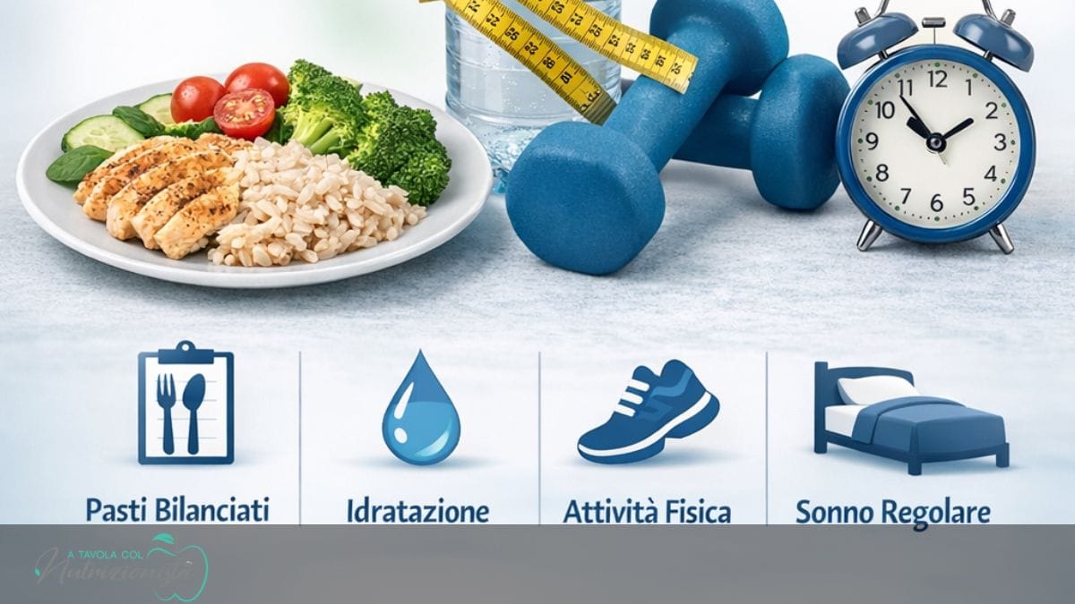 Immagine sulla ripresa della dieta dopo le feste con cibo sano, acqua, manubri e sveglia – a tavola col nutrizionista