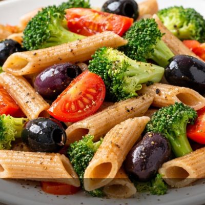 Pasta integrale con broccoli, pomodorini e olive nere, primo piatto sano e leggero della cucina mediterranea