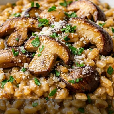 farrotto con funghi porcini cremoso servito in piatto fondo, primo piatto sano e nutriente