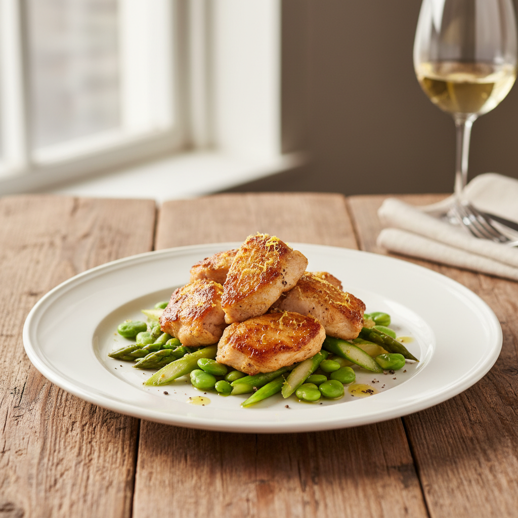 Bocconcini di Pollo agli Asparagi su Letto di Fave: L’Antipasto che Conquista