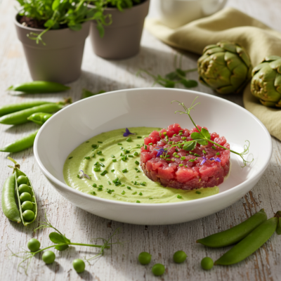 Tartare di Tonno con Vellutata di Piselli e Carciofi: L'Antipasto che Conquista