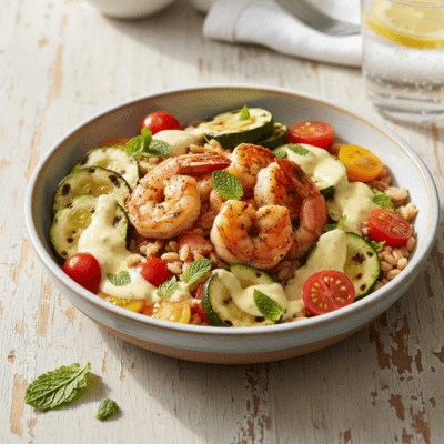 Bowl di Gamberi Grigliate con Farro, Zucchine e Salsa al Limone