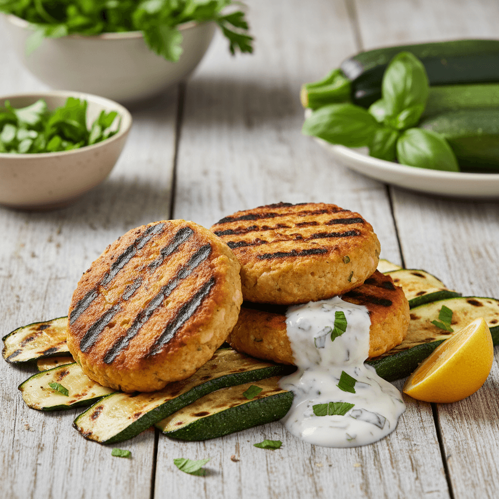 Burger di Ceci alla Griglia con Zucchine e Salsa allo Yogurt