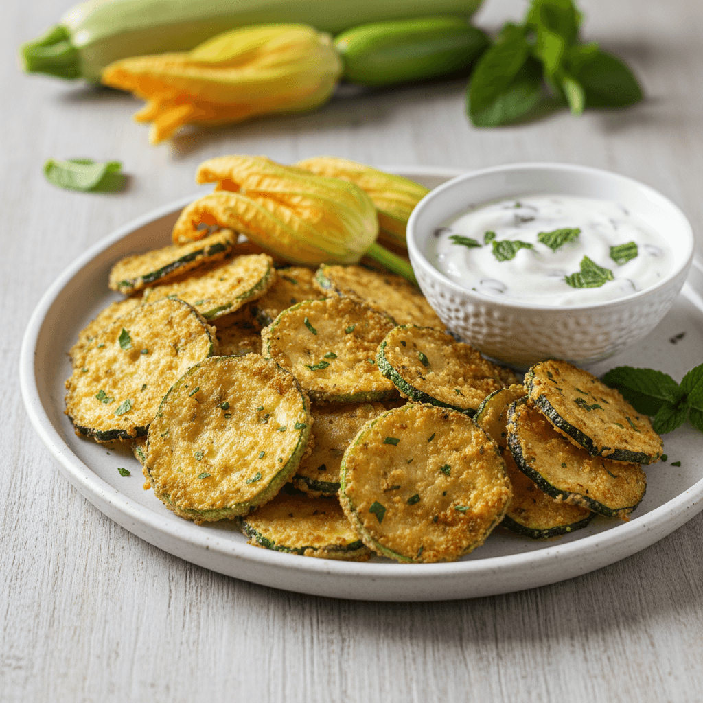 Chips di Zucchine e Fiori di Zucca al Forno con Salsa allo Yogurt e Menta