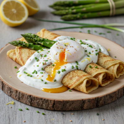Crepes Proteiche Salate con Yogurt Greco, Asparagi e Uova in Camicia: il Pranzo Fit di Primavera