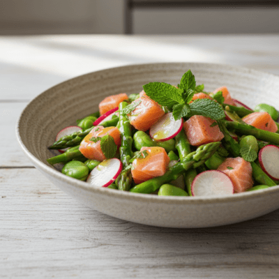 Insalata di Salmone con Asparagi, Fave e Menta: il Secondo Fit di Maggio