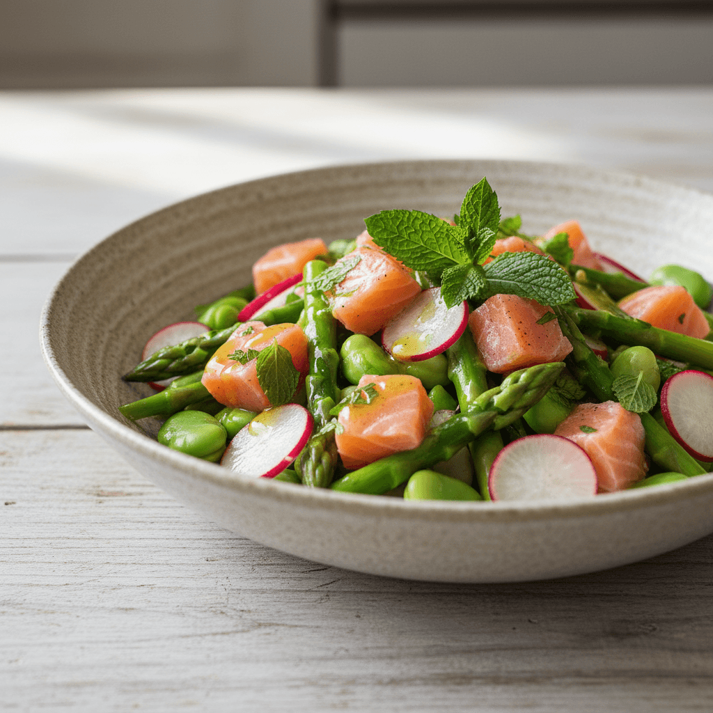 Insalata di Salmone con Asparagi, Fave e Menta: il Secondo Fit di Maggio