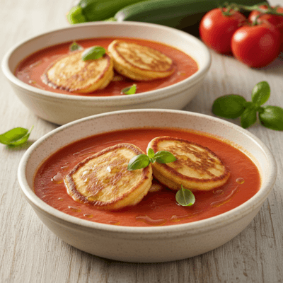 Pancake Proteici Salati con Yogurt Greco, Zucchine e Menta in Zuppa di Pomodoro Fresco