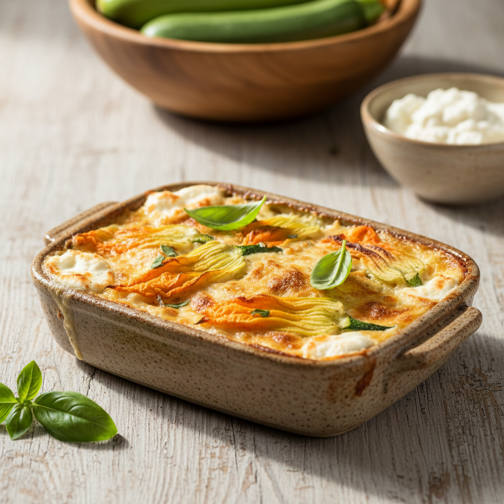Pasta Integrale al Forno in Friggitrice ad Aria con Crema di Ricotta, Zucchine e Fiori di Zucca