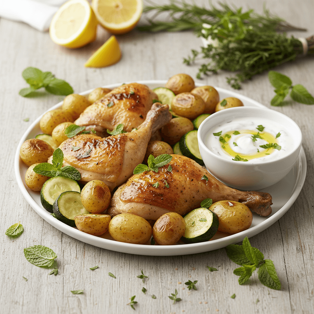 Pollo al Forno con Patate Novelle, Zucchine e Salsa allo Yogurt Greco