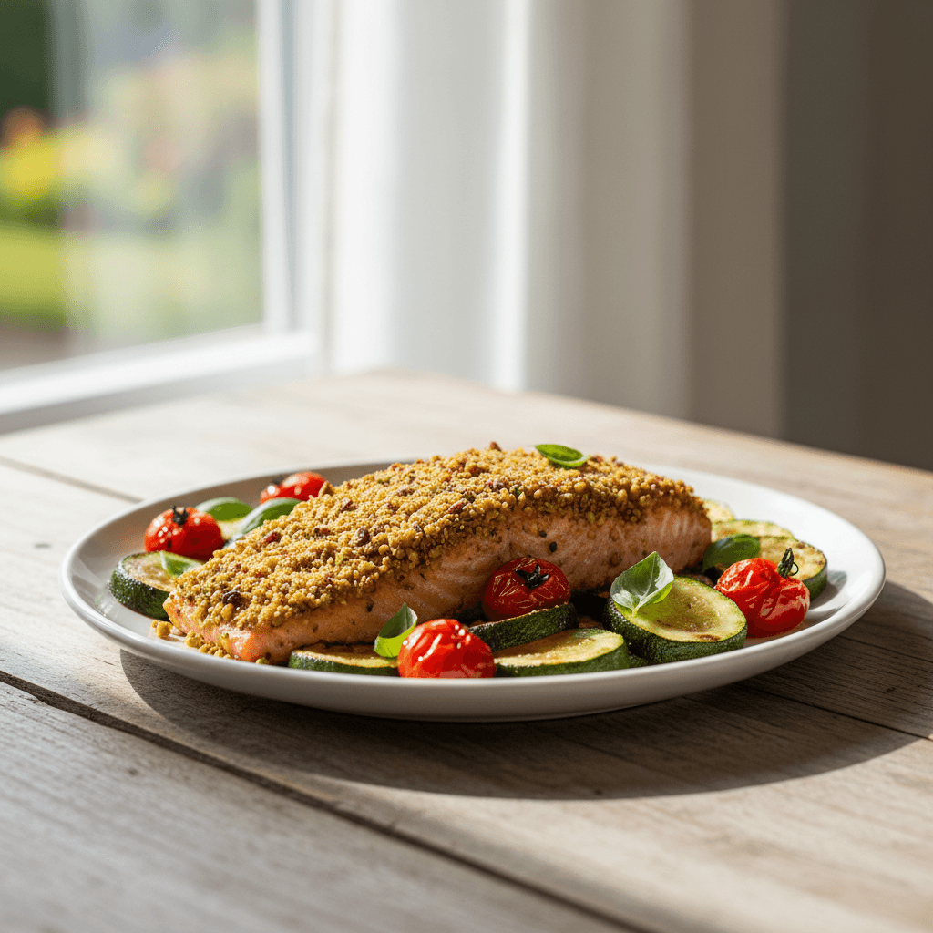 Salmone in Crosta di Pistacchi con Zucchine e Pomodorini in Friggitrice ad Aria