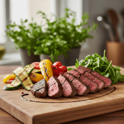 Tagliata di Manzo con Peperoni Arrostiti e Zucchine alla Griglia