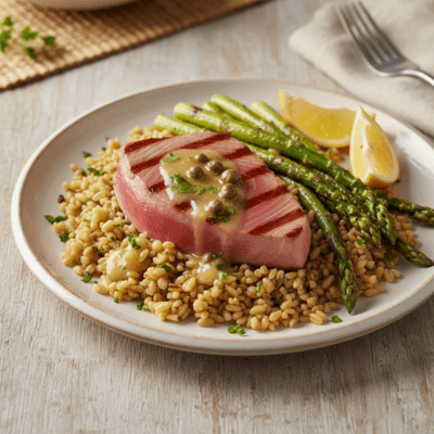 Tonno alla Griglia con Farro, Asparagi e Salsa di Limone e Capperi