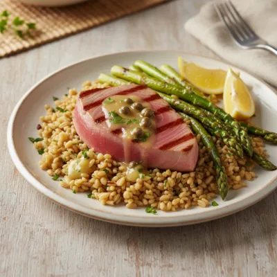 Tonno alla Griglia con Farro, Asparagi e Salsa di Limone e Capperi