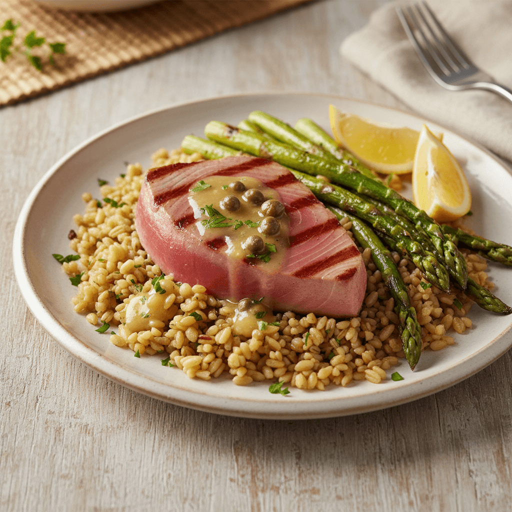 Tonno alla Griglia con Farro, Asparagi e Salsa di Limone e Capperi