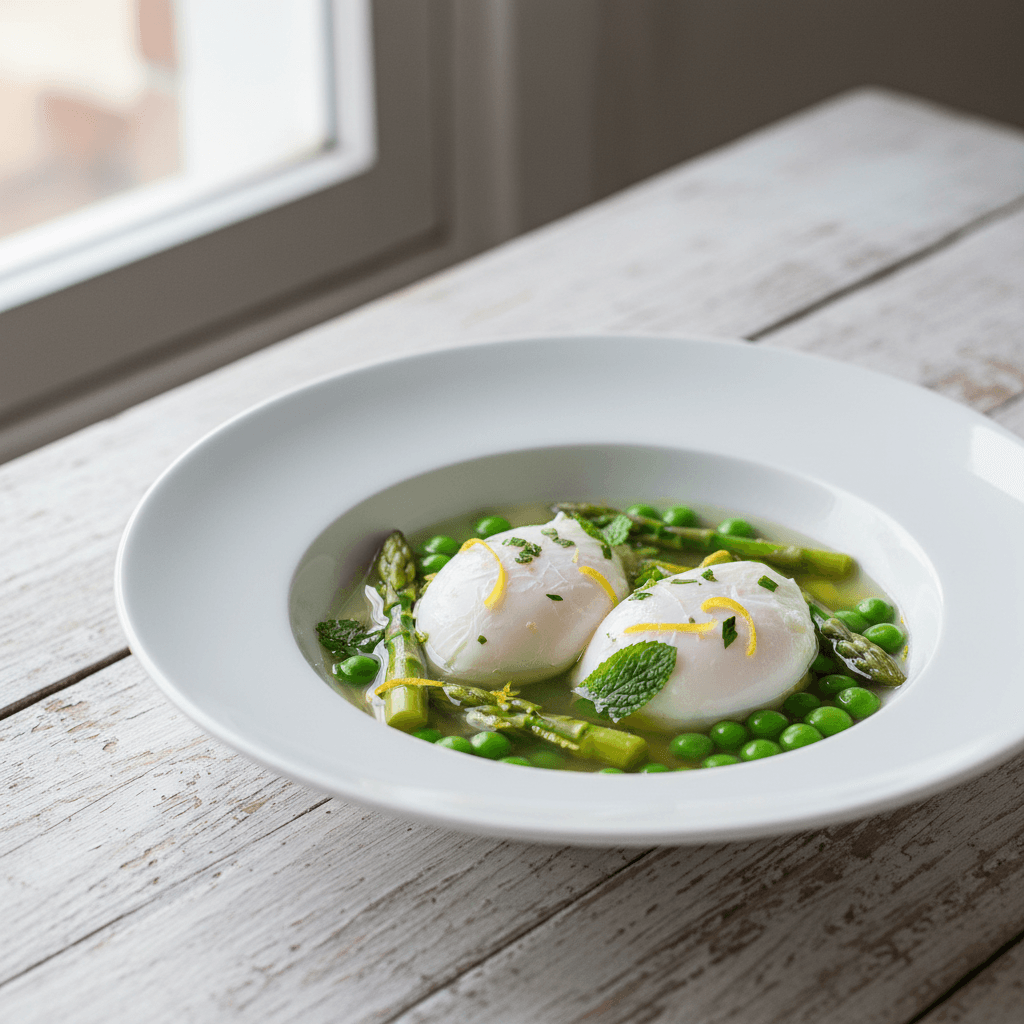 Uova in Camicia nel Brodo di Asparagi e Piselli