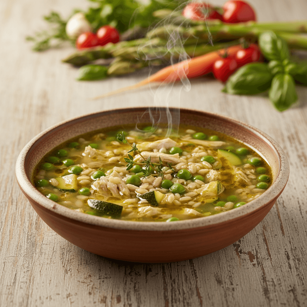 Zuppa di Pollo e Farro con Zucchine e Piselli Freschi
