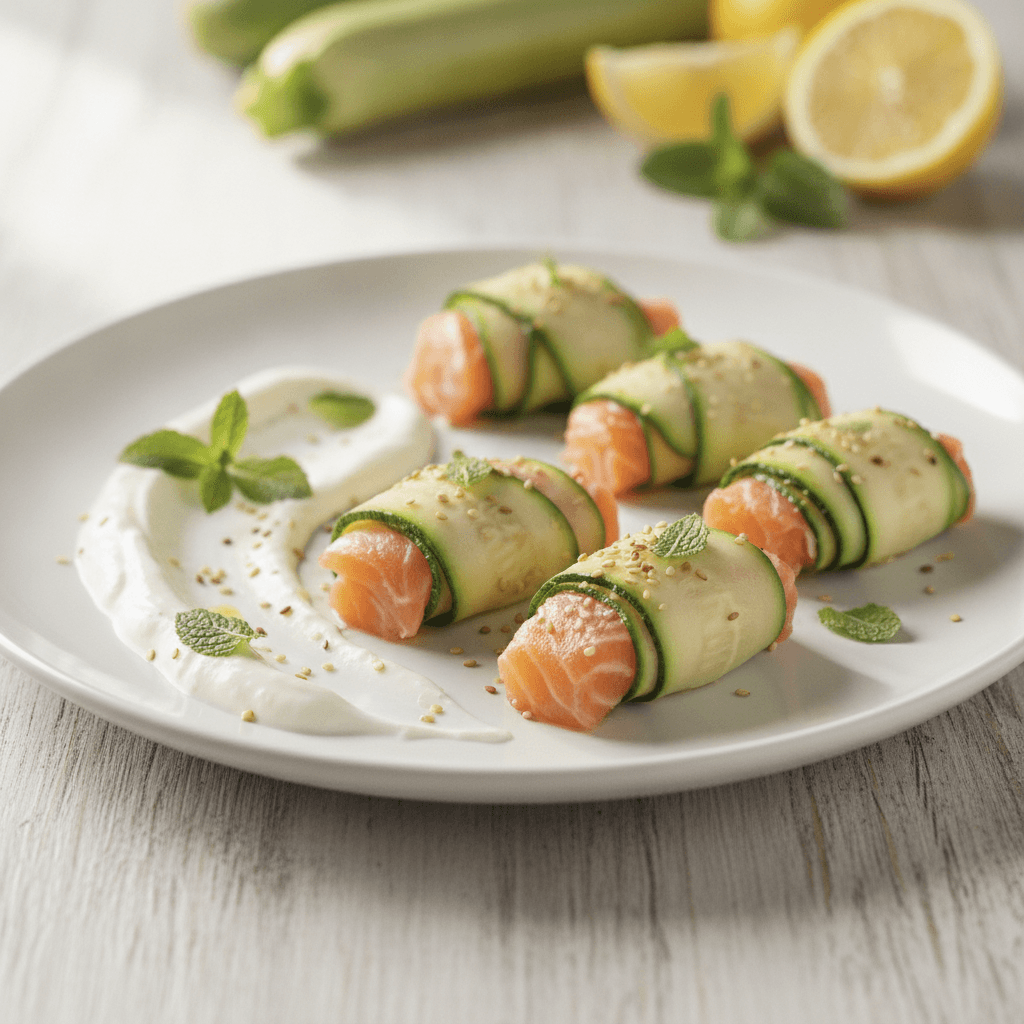 Bocconcini di Salmone al Vapore con Zucchine e Salsa allo Yogurt e Menta