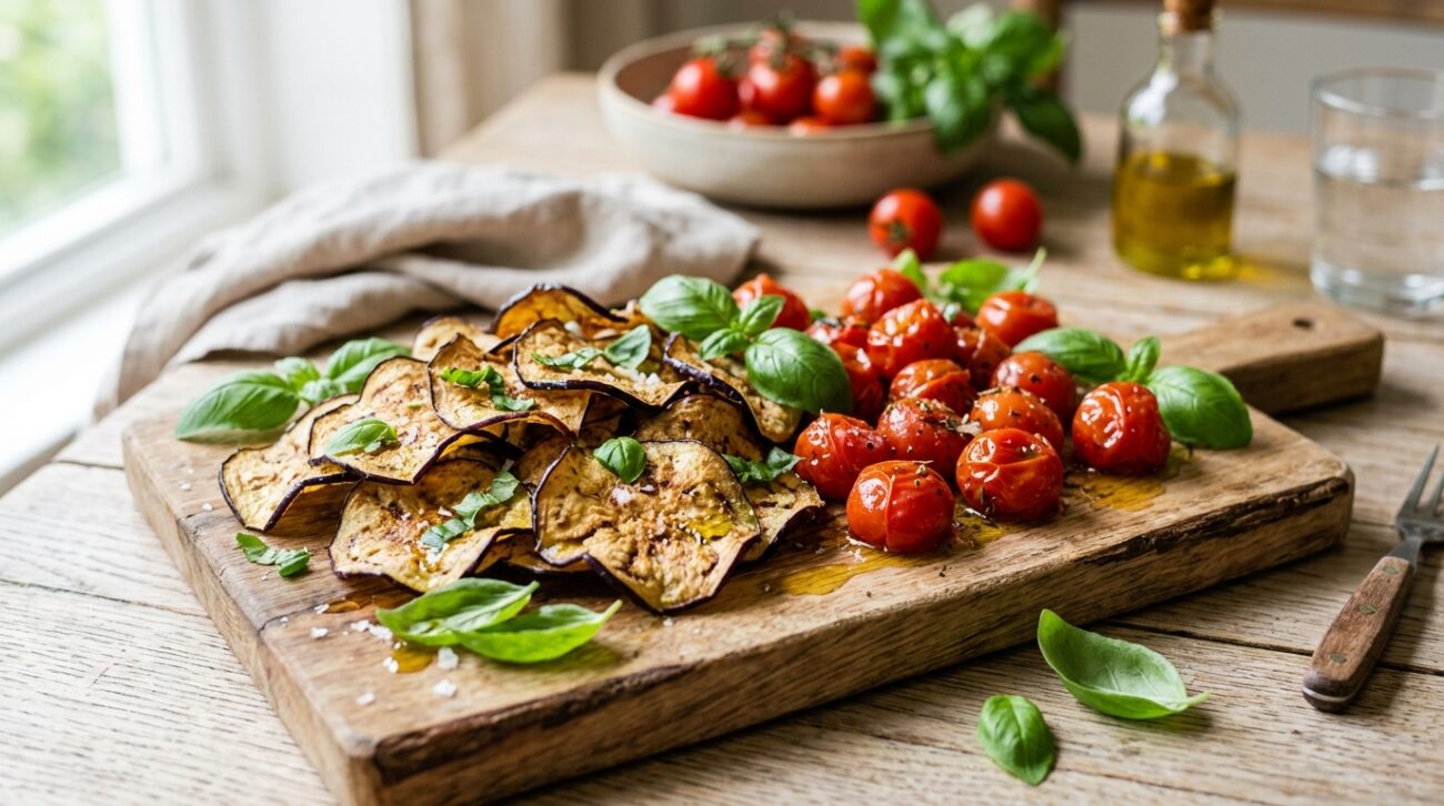 Chips di Melanzane e Pomodorini Confit all’Aria