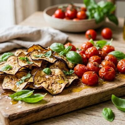 Chips di Melanzane e Pomodorini Confit all'Aria