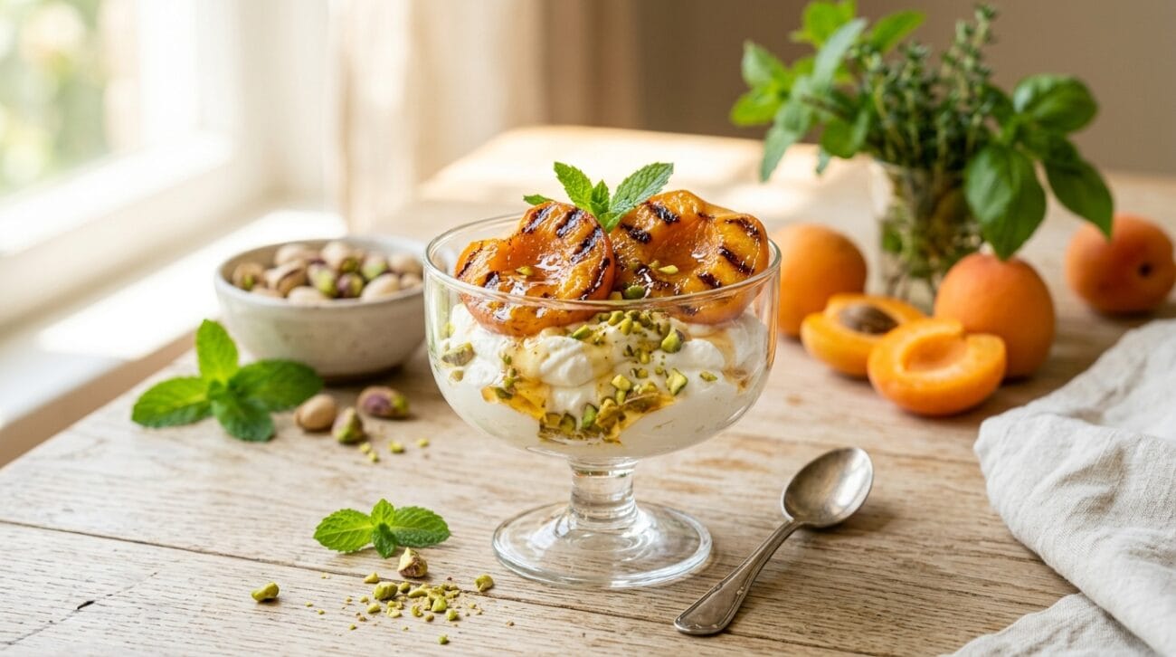 Coppa di Ricotta e Albicocche Grigliate con Miele e Pistacchi