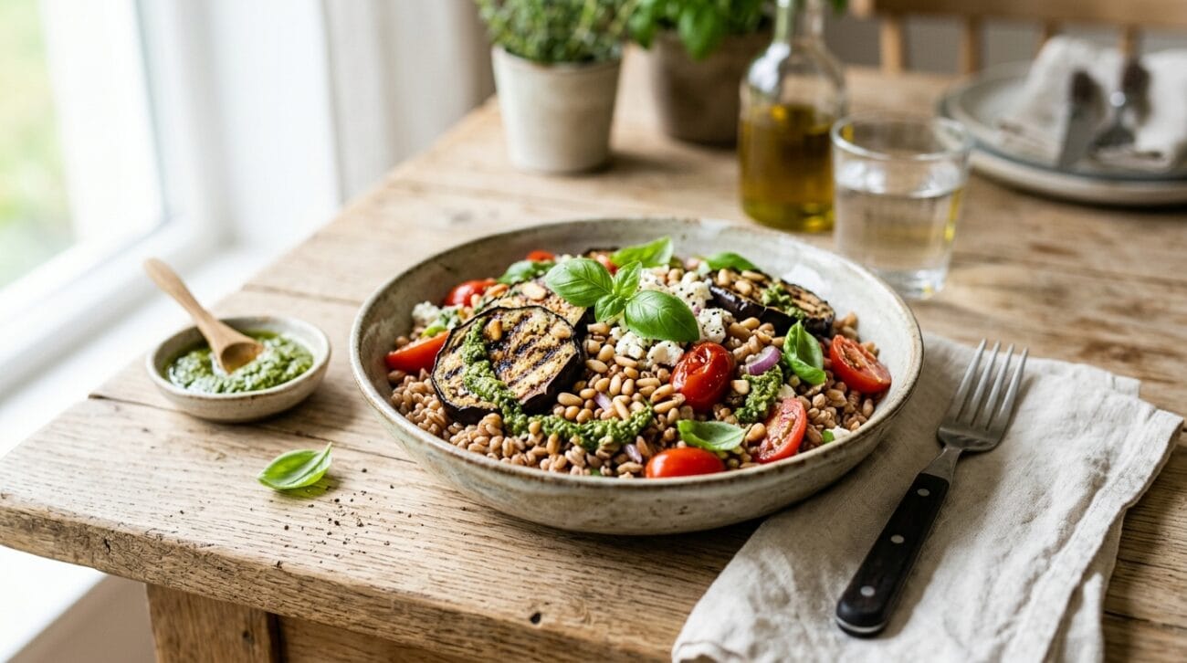 Insalata di Farro con Melanzane Grigliate Pomodori Datterini e Pesto di Basilico