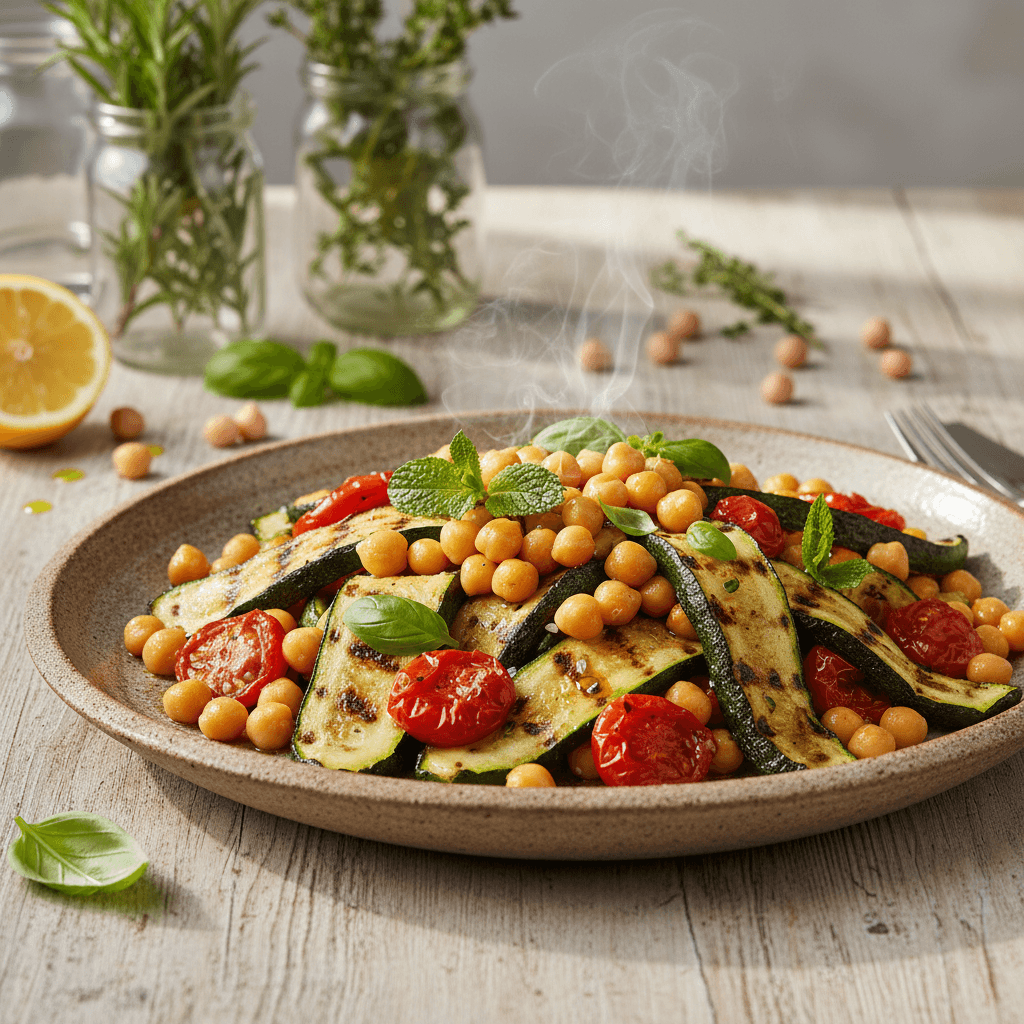Insalata Tiepida di Ceci, Zucchine Grigliate e Pomodorini Confit