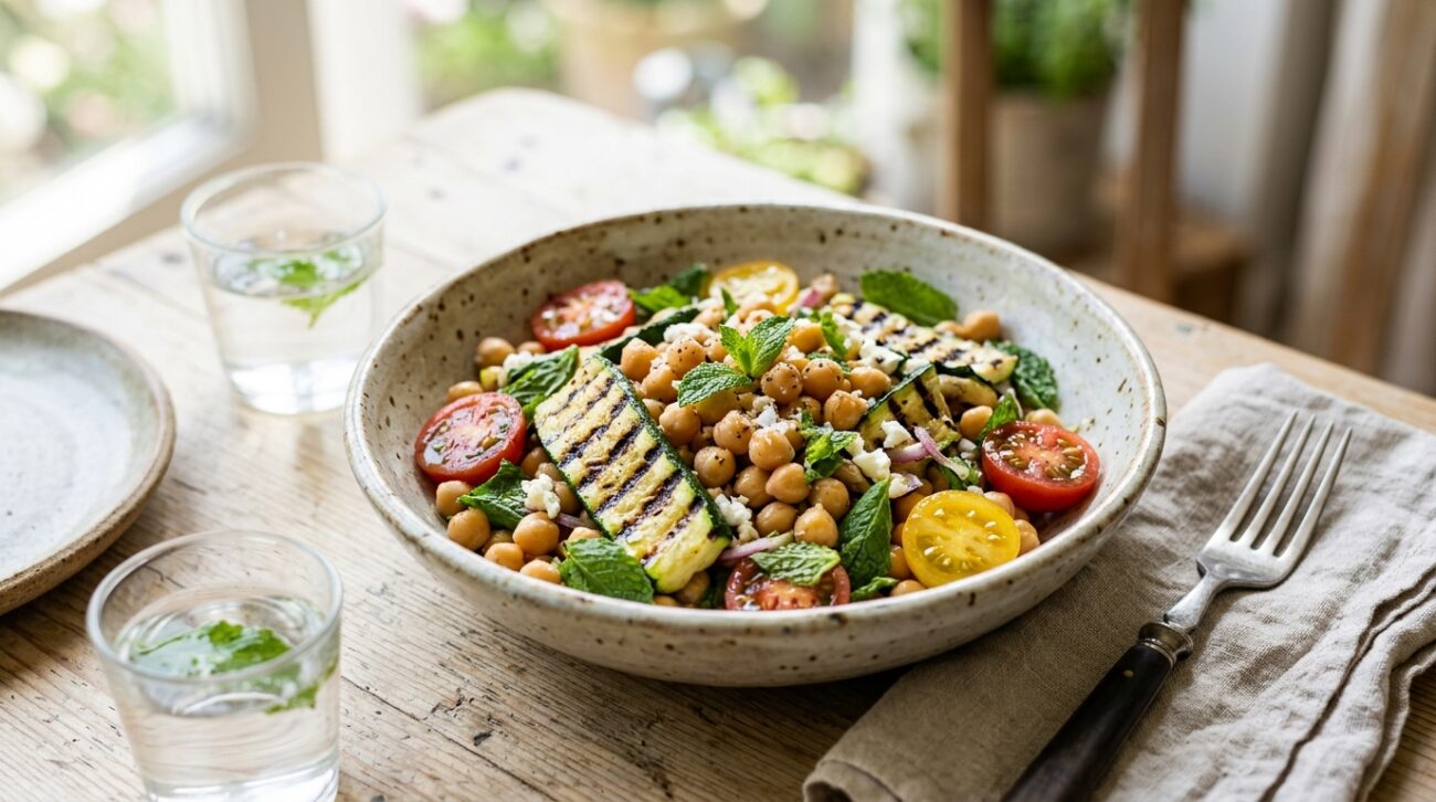 Insalata Tiepida di Ceci con Zucchine Grigliate Pomodorini e Menta