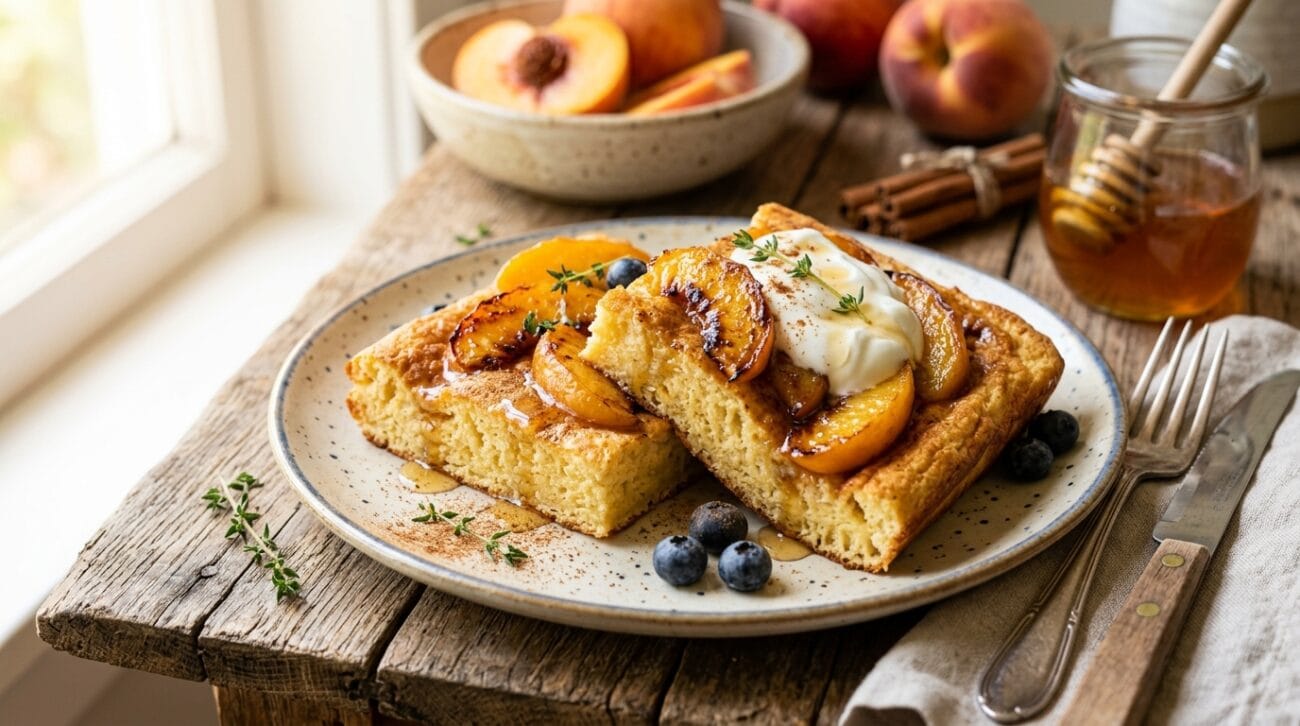 Pancake al Forno con Yogurt Greco e Pesche Caramellate