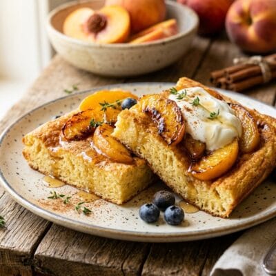 Pancake al Forno con Yogurt Greco e Pesche Caramellate