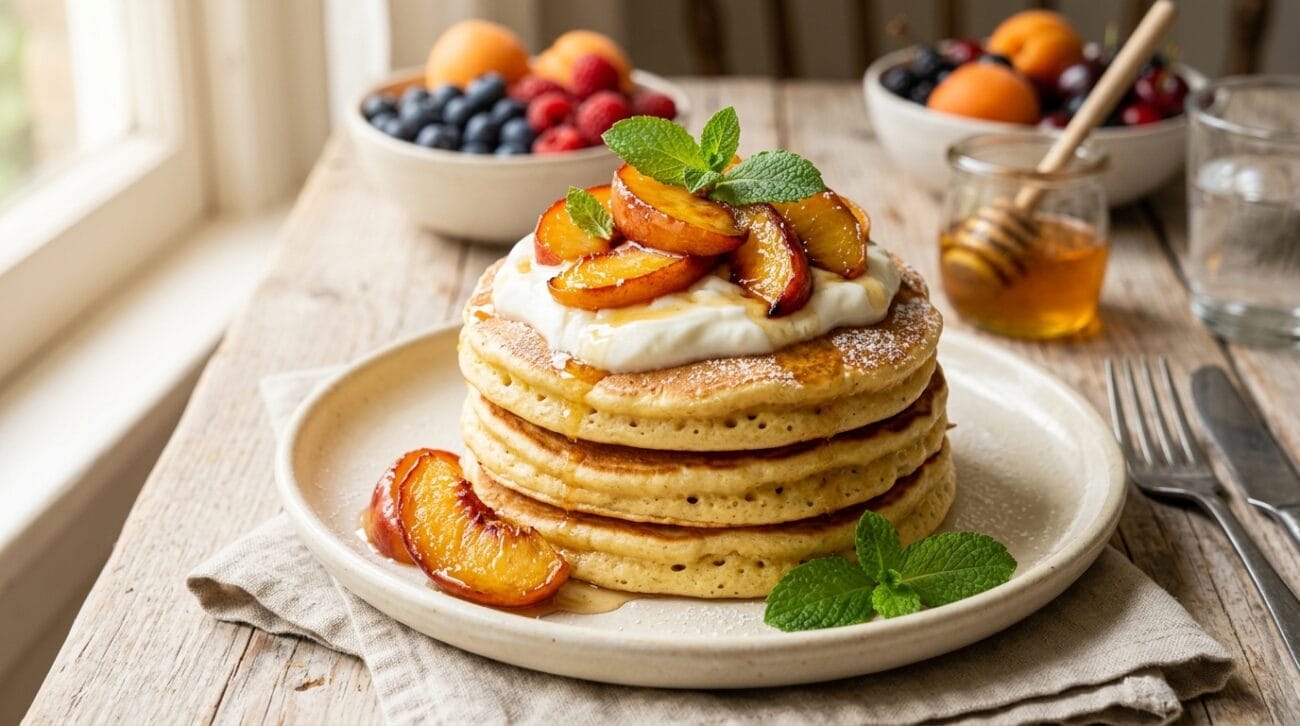 Pancake Proteici allo Yogurt Greco con Pesche e Miele