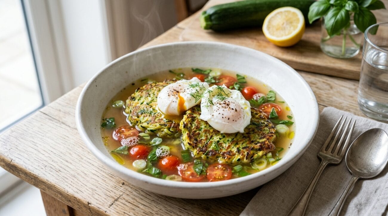 Pancake Salati alle Zucchine con Uova in Camicia in Brodo