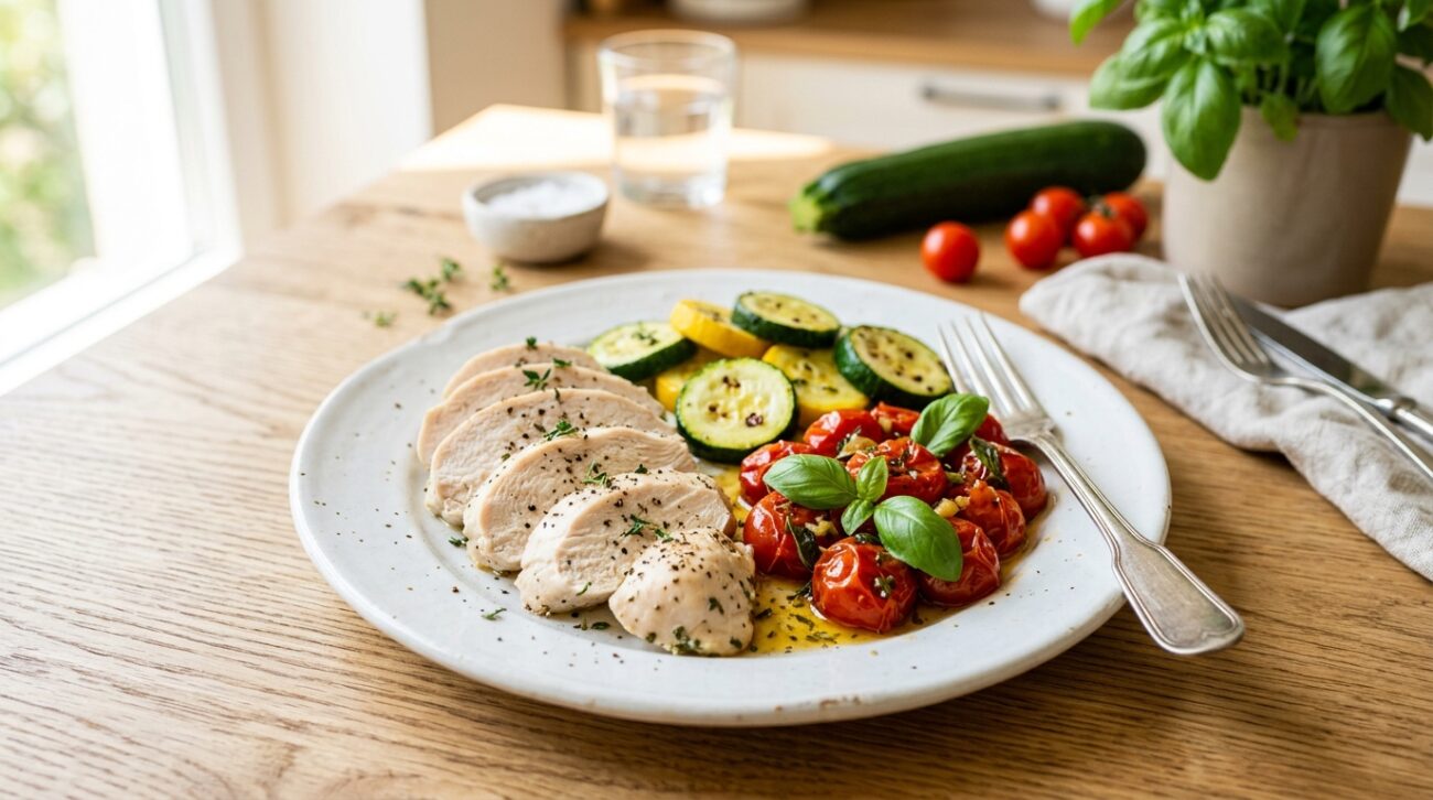 Petto di Pollo al Vapore con Zucchine e Pomodorini Confit