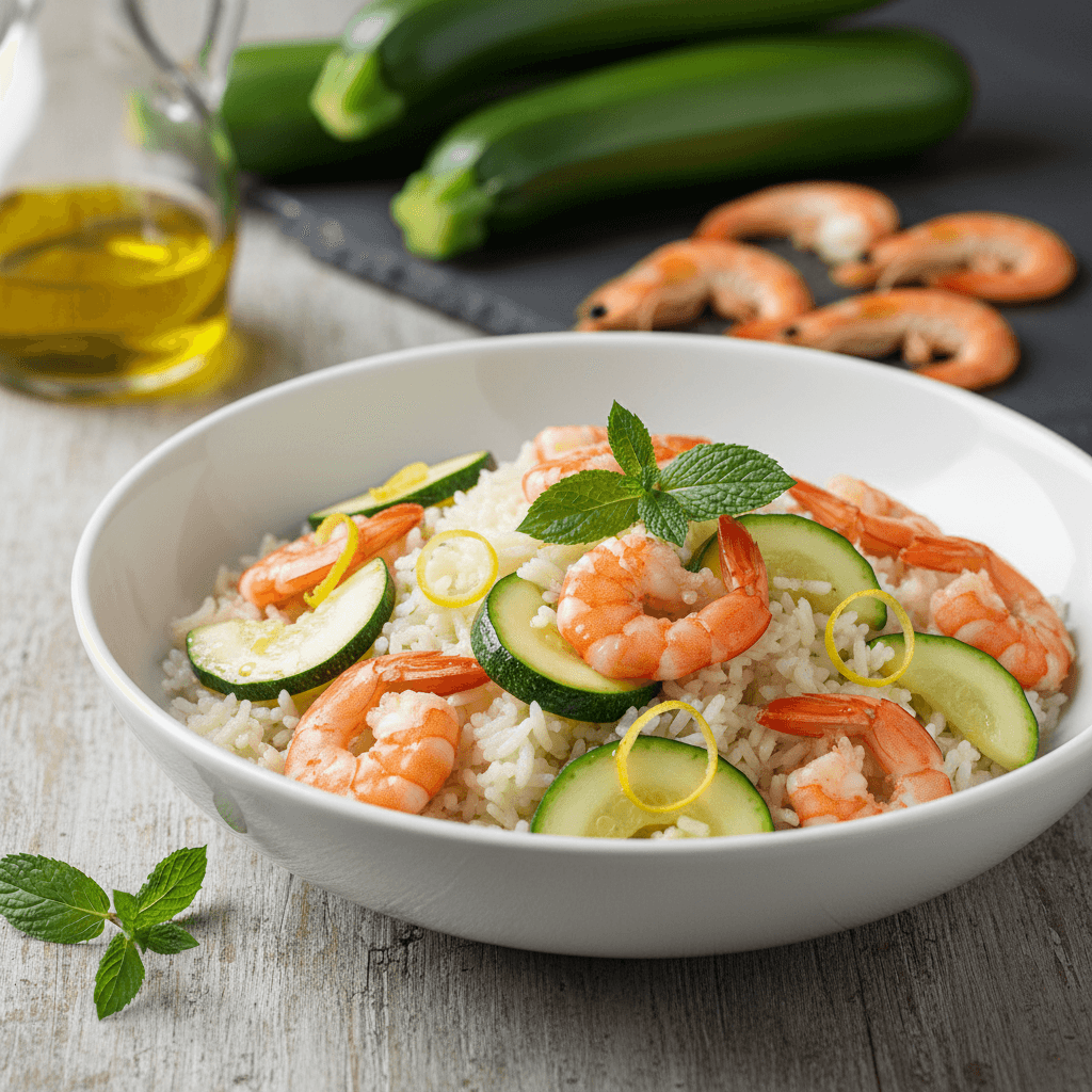 Riso Basmati al Vapore con Gamberi, Zucchine e Menta